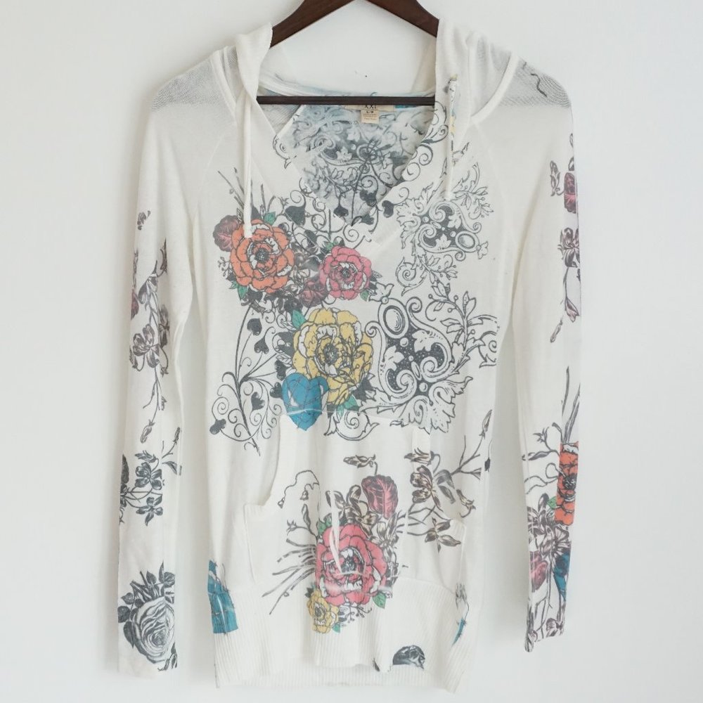 Floral Hooded V-Neck Sweater Size Small